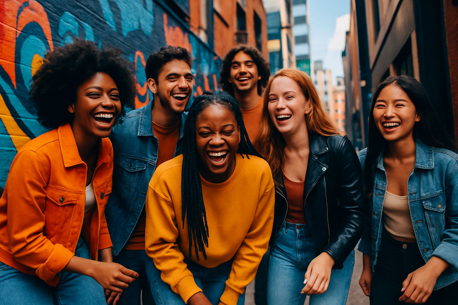 a vibrant photo with:

Young people (18-28)
Urban setting
Energetic vibe
Good contrast for white text